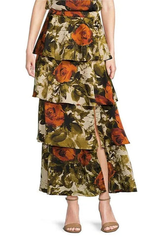 Rust-Olive Orchard Tiered Maxi Skirt