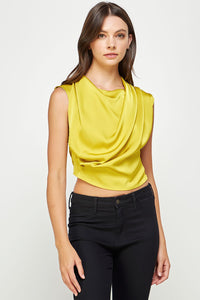 Chartreuse High Cowl Neck Satin Top