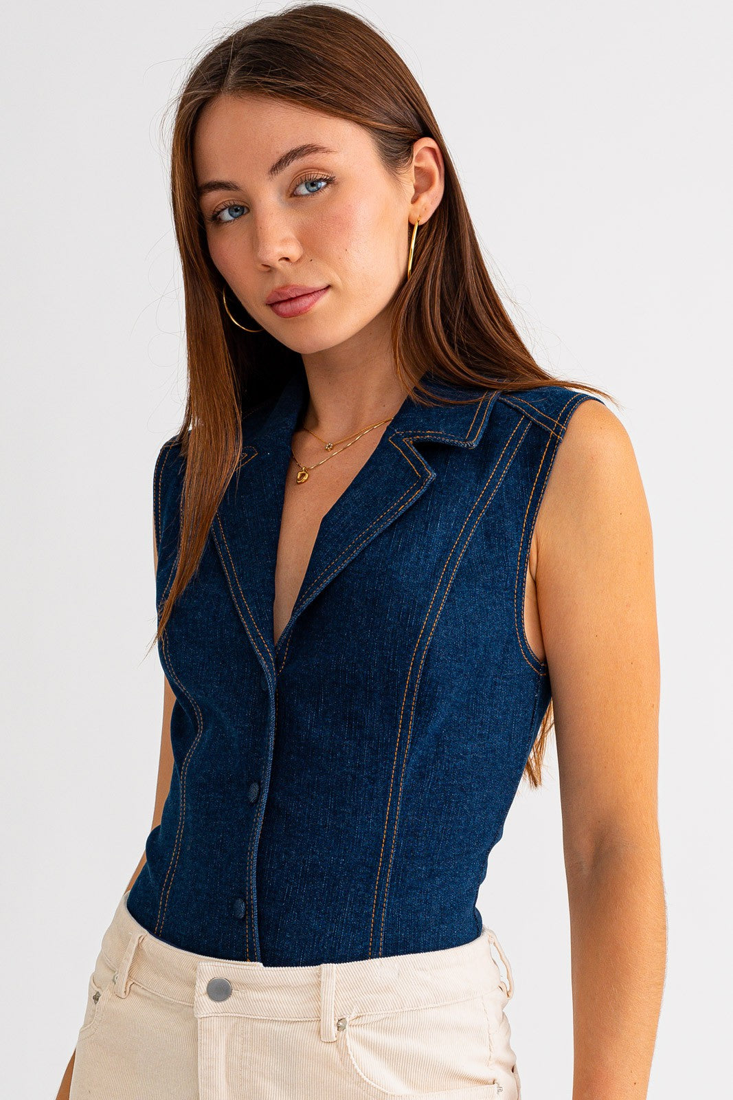 Indigo Deep V Sleeveless  Bodysuit