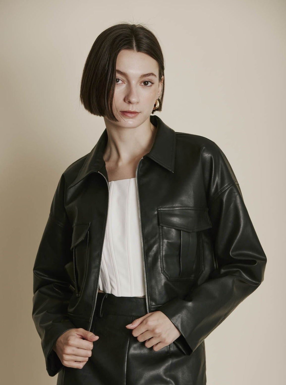 Black Vegan Leather Cropped Jacket