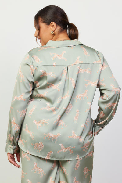 Sage Animal Print Satin Button Up (PLUS: 1X-3X)