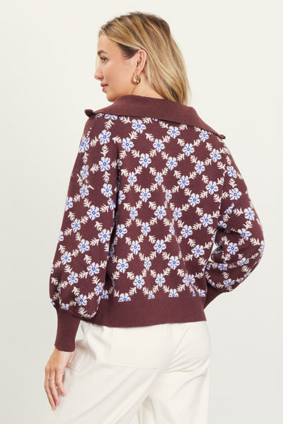 Chocolate & Ivory Printed Half Zip Sweater