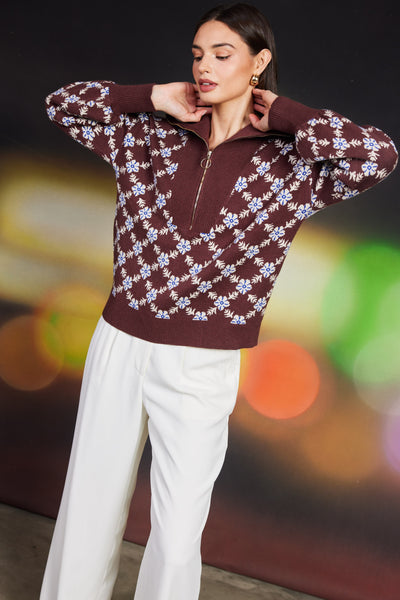 Chocolate & Ivory Printed Half Zip Sweater