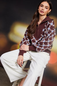 Chocolate & Ivory Printed Half Zip Sweater