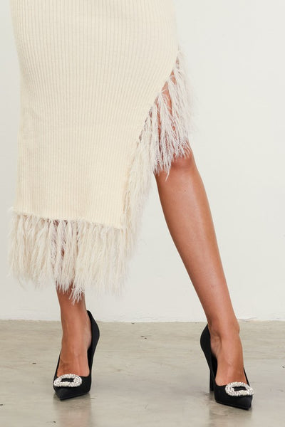 Cream Feathered Fringe Tame Skirt