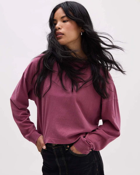 Burgundy Relaxed Crop Long Sleeve Tee