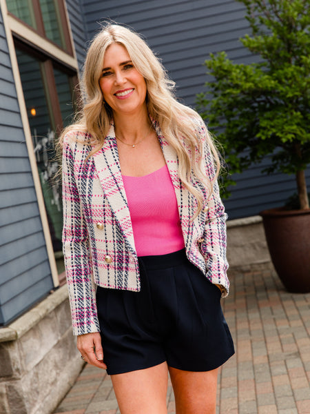 Cream & Pink Checkered Blazer