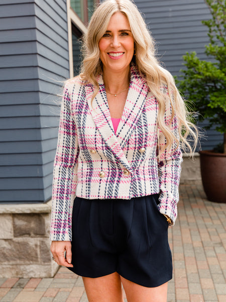 Cream & Pink Checkered Blazer