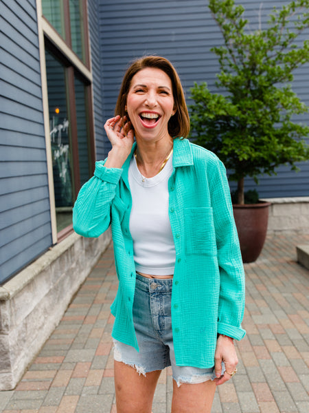 Cabana Green Button Up Gauze Top