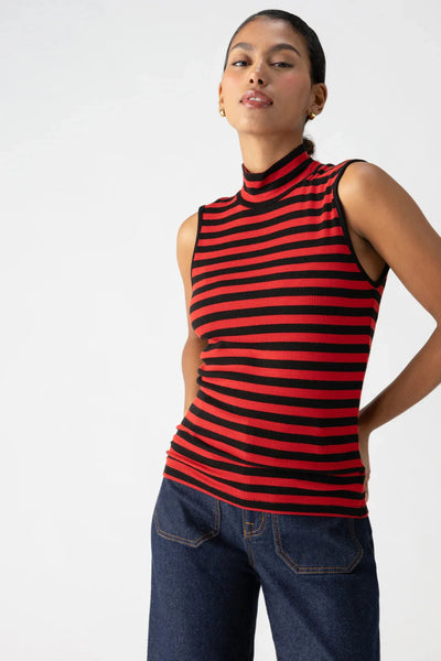 Black & Cherry Red Stripe Essential Mock Neck Tank