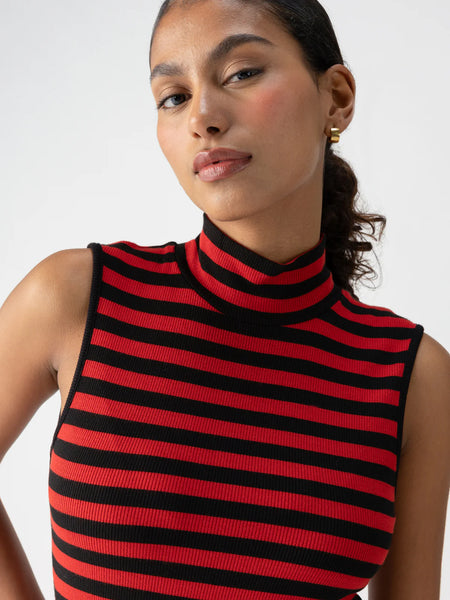 Black & Cherry Red Stripe Essential Mock Neck Tank