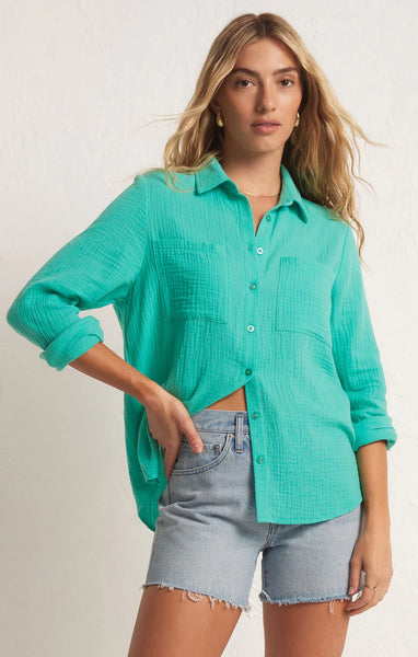 Cabana Green Button Up Gauze Top