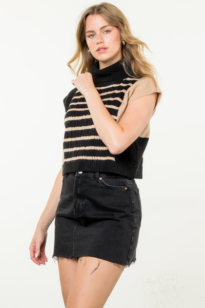 Black Turtle Neck Stripe Sweater Top