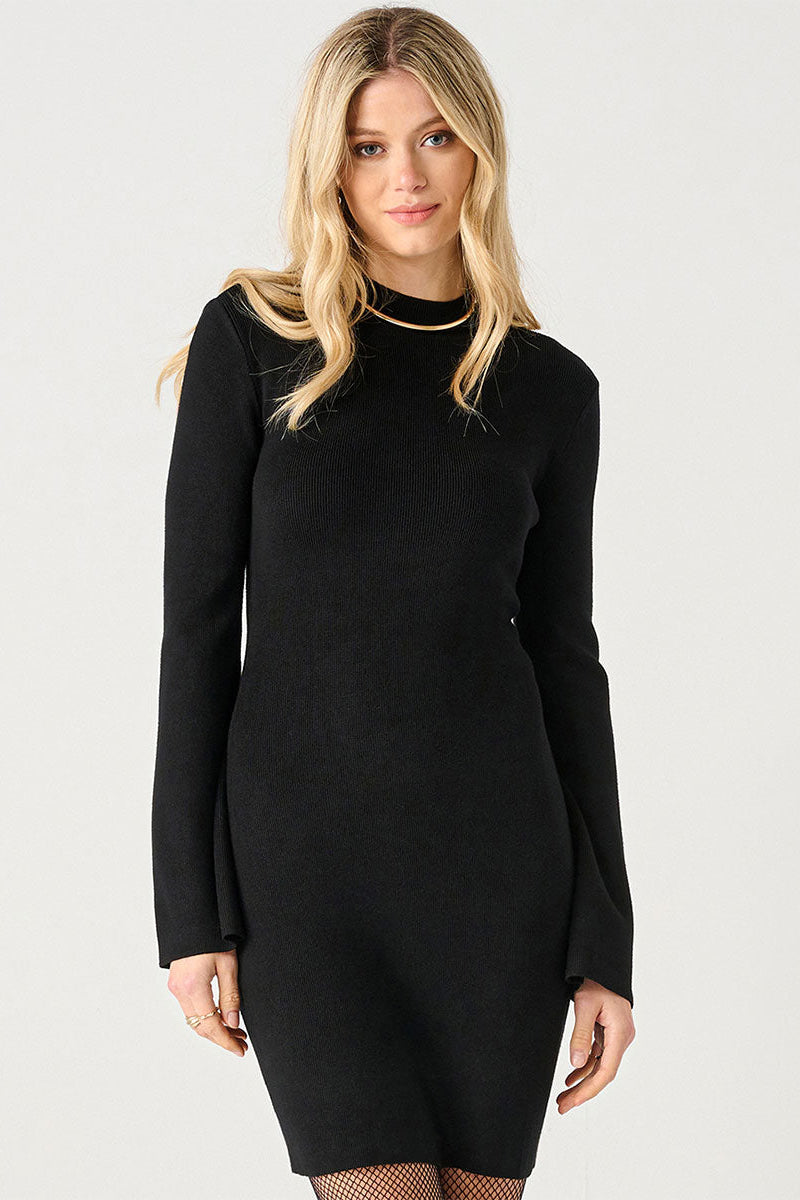 Black Jewel Neck Longsleeve Fitted Dress