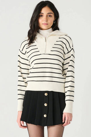 White & Black Stripe Quarter Zip Sweater