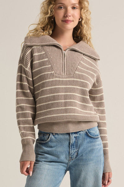 Striped Taupe Villa Half Zip Sweater