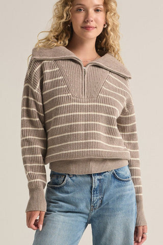 Striped Taupe Villa Half Zip Sweater